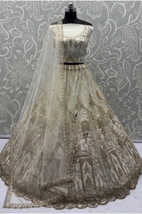 Lehenga Choli blanc en filet brodé avec dupatta LC8795