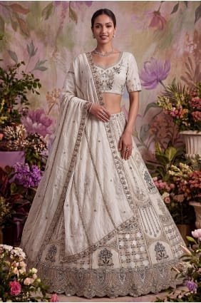 Lehenga Choli en tulle blanc avec dentelle LC9029