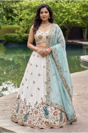 Lehenga Choli blanche en organza avec broderies LC9225