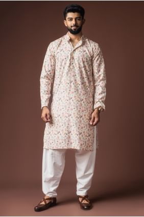 Kurta blanche pour homme en lin imprimé numérique KURR579