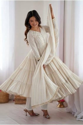 Ensemble Anarkali à miroirs en soie Chanderi blanche AS4216