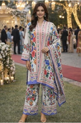 Kurta palazzo imprimée en rayonne blanche avec dupatta SK156093