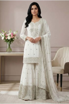 Ensemble palazzo en soie blanche à sequins avec dupatta PZ4379