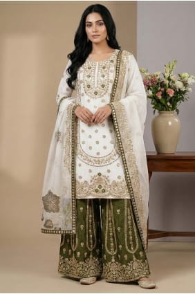 Ensemble palazzo blanc en soie à sequins avec dupatta PZ4388