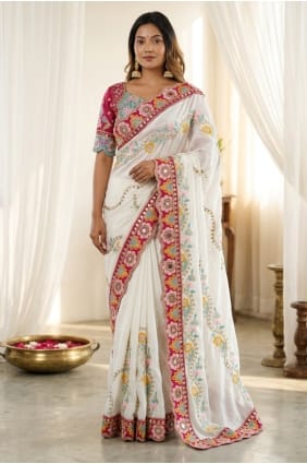 Sari de soirée en soie blanche brodée SR30115
