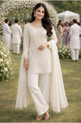Ensemble Patiala blanc en georgette brodée avec dupatta PZ4373