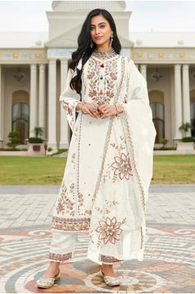 Salwar Kameez blanc en coton brod SK15619