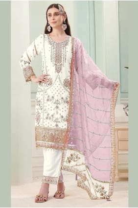 Salwar Kameez blanc brodé en georgette avec dupatta SK156034