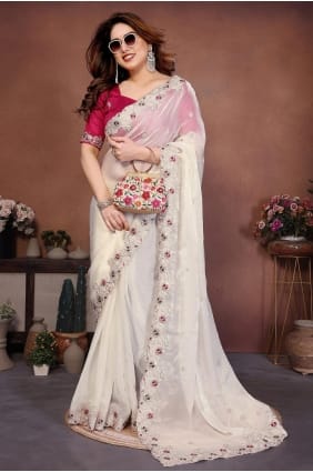 Sari en mousseline blanche brodée SR29845