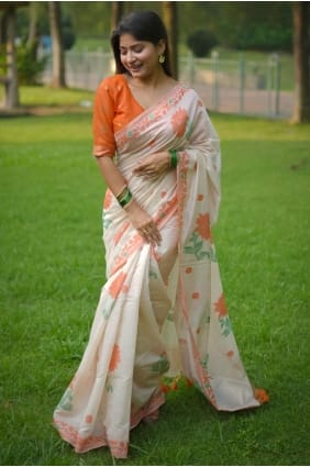 Sari en coton tissé blanc SR29677