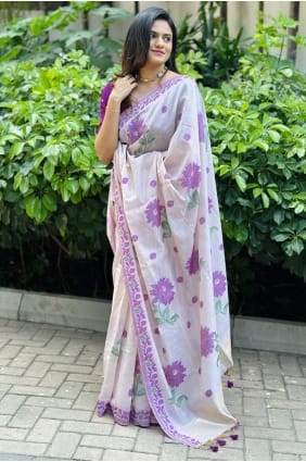 Sari blanc en coton tissé SR29679