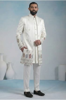 Kurta blanche pour homme avec broderie en satin KURR250