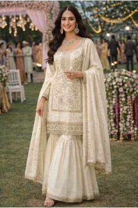 Ensemble Sharara en soie blanche brodée avec Dupatta SS1349