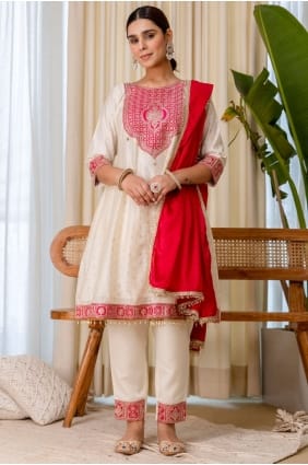 Salwar Kameez en soie blanche brodée SK156091