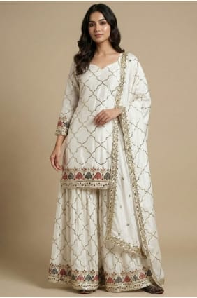 Ensemble Patiala en soie à sequins blancs PZ4255