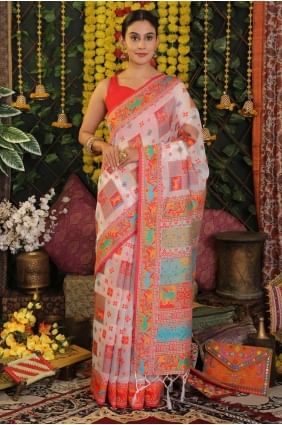 Sari blanc en lin tissé avec chemisier SR28881