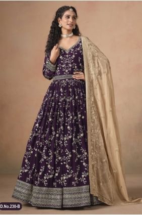 Ensemble Anarkali bordeaux en georgette synthétique brodée AS4137