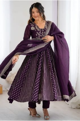 Anarkali en soie à paillettes bordeaux AS4221