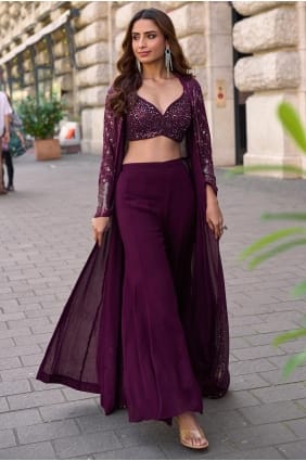Kurta western couleur vin en georgette brodée SK15808