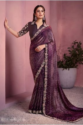 Sari bordeaux en satin brodé et imprimé SR29058