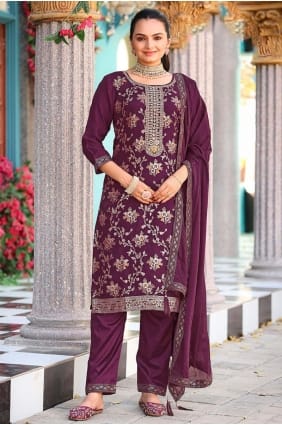 Salwar Kameez bordeaux brodé jacquard avec dupatta SK155901
