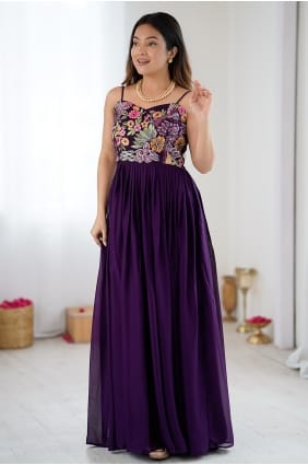 Robe brodée en georgette bordeaux GW1336