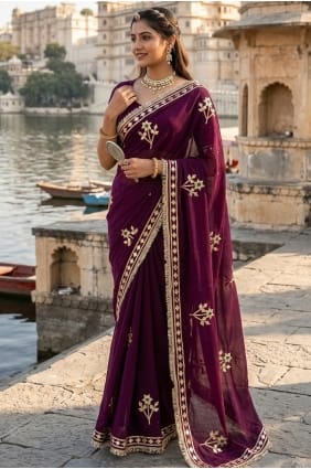 Sari en georgette couleur bordeaux avec chemisier assorti SR29904