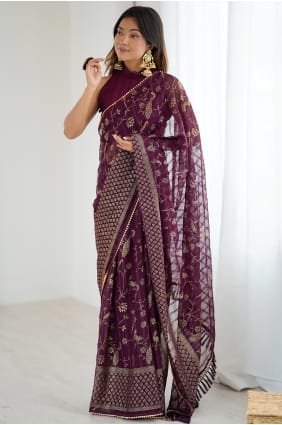 Sari en georgette bordeaux avec dentelle SR30012