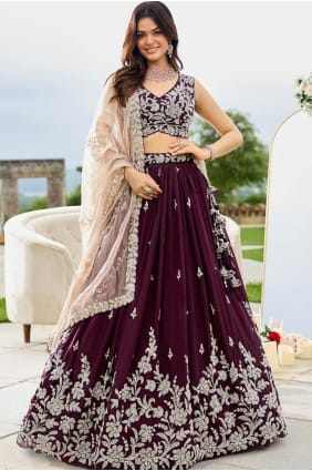 Lehenga Choli brodé en satin bordeaux LC8729