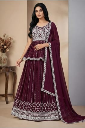 Lehenga Choli couleur bordeaux en georgette synthétique avec broderie LC8976
