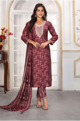 Salwar Kameez imprimé Chanderi couleur vin avec dupatta SK155909