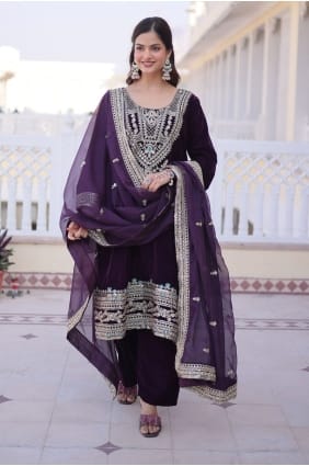 Salwar Kameez en velours bordeaux orné de sequins, idéal pour l'Aïd SK156027