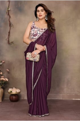 Sari en georgette imprimée couleur bordeaux avec chemisier assorti SR30076