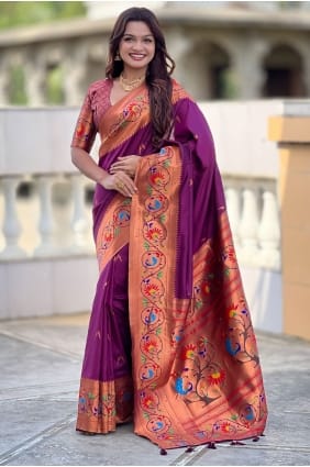 Sari en soie tissé couleur vin SR29090