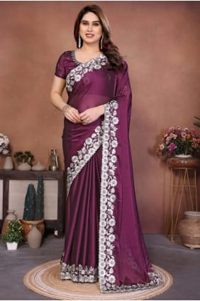 Sari en soie bordeaux brodé SR29578