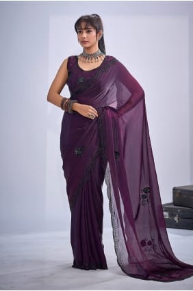 Sari en satin à paillettes couleur vin SR30014