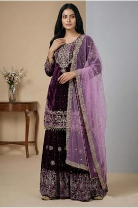 Ensemble Sharara en velours couleur vin SS1348