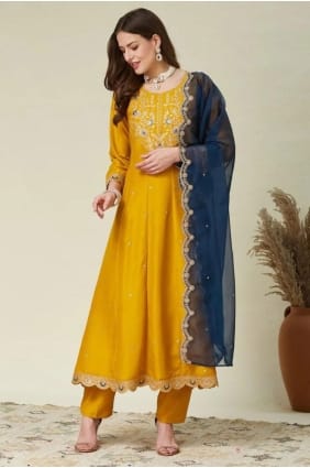 Anarkali brodée en soie jaune AS4231