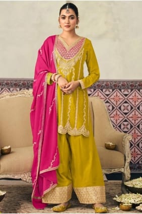 Ensemble palazzo en mousseline de soie à zircon jaune avec dupatta PZ4329