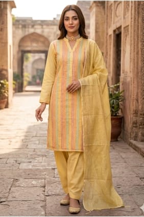 Salwar Kameez jaune en coton tissé avec dupatta SK15897