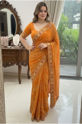 Sari en georgette imprimé numérique jaune SR29271