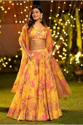 yellow digital print party lehenga choli in chinon chiffon LC8323