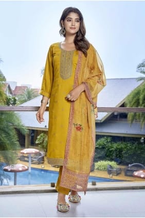Costume droit Chanderi brodé jaune SK155420
