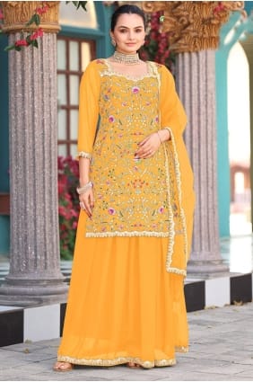 Lehenga Choli brodé en georgette jaune LS077