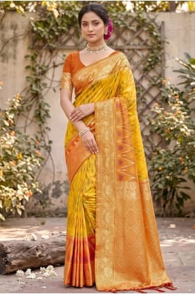 Sari en soie jaune brodé SR29947