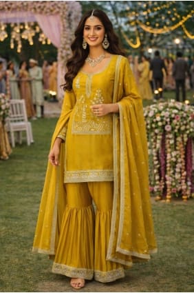 Ensemble sharara en soie brodée jaune SS1350