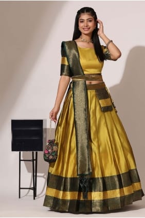 Lehenga Choli en soie brodée jaune-vert avec dupatta LC9019