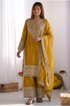 Ensemble palazzo en soie et dentelle jaune avec dupatta PZ4487