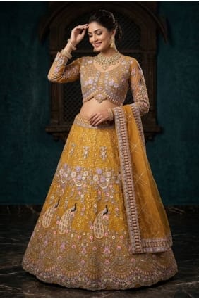 Lehenga Choli à sequins en résille jaune LC9089