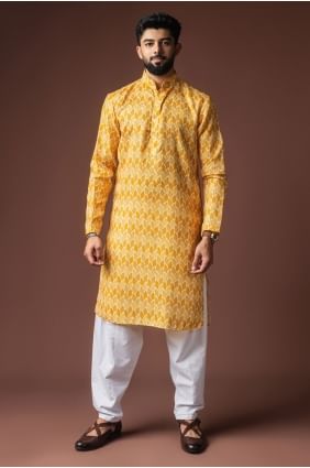 Kurta jaune pour homme en lin avec imprimé numérique KURR586
